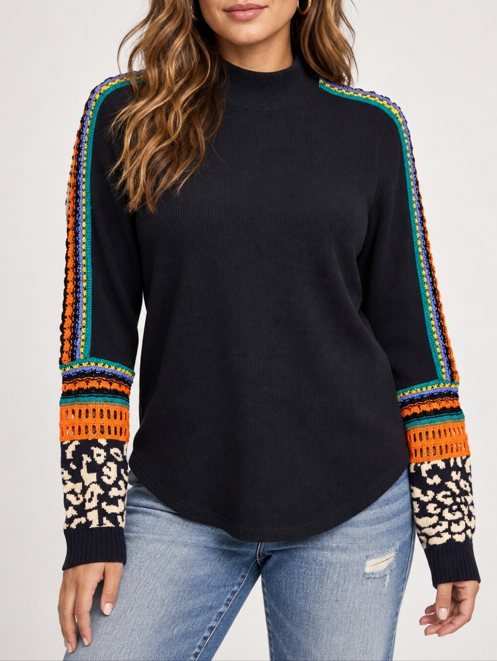 NWT Free People Switch It Up Thermal Top Waffle Knit Black Crochet Cuff Boho L